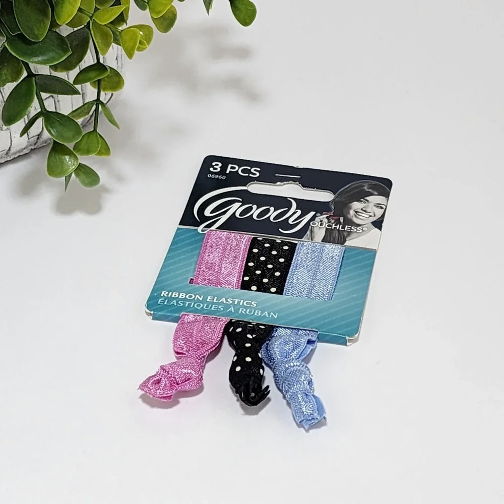 Goody Ouchless Ponytailers Ribbon Elastic Hair Tie 3 PCS Polka Black Blue Pink